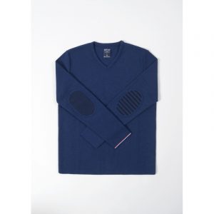 pull marin homme rayures asymetriques bleu royal col v